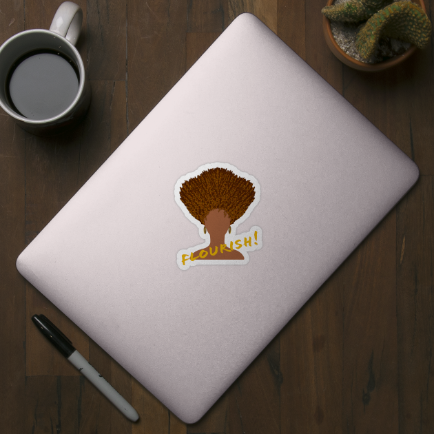 Flourish! Natural Hair Upward Curly Afro with Gold Earrings and Gold Lettering  (White Background) by Art By LM Designs 